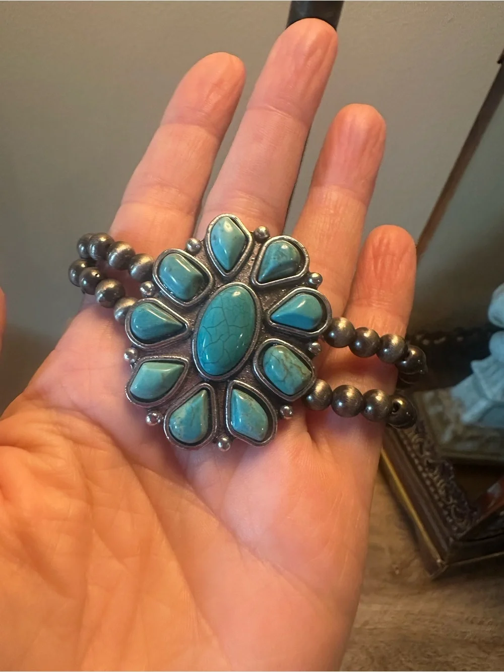Turquoise Flower Statement Bracelet - Blue Stone Stretch Cuff